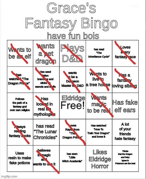 Bingo (≖ᴗ≖✿) | image tagged in grace's fantasy bingo,i wish i had elf ears,im going to be looking into some of these series now | made w/ Imgflip meme maker