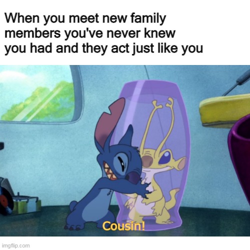 Based off a real event that happened to me recently so i just had to make this | When you meet new family members you've never knew you had and they act just like you; Cousin! | image tagged in family,wholesome,tears of joy | made w/ Imgflip meme maker