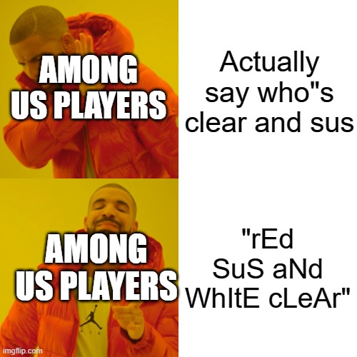 Drake Hotline Bling |  Actually say who"s clear and sus; AMONG US PLAYERS; "rEd SuS aNd WhItE cLeAr"; AMONG US PLAYERS | image tagged in memes,drake hotline bling,among us | made w/ Imgflip meme maker
