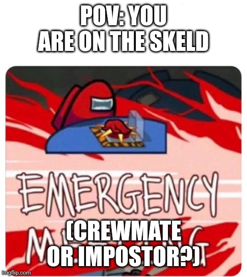 Red sus... | POV: YOU ARE ON THE SKELD; (CREWMATE OR IMPOSTOR?) | image tagged in emergency meeting among us | made w/ Imgflip meme maker