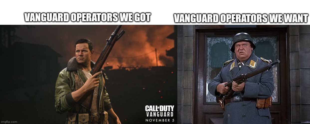 Vanguard Operators suck | VANGUARD OPERATORS WE WANT; VANGUARD OPERATORS WE GOT | image tagged in call of duty,cod | made w/ Imgflip meme maker