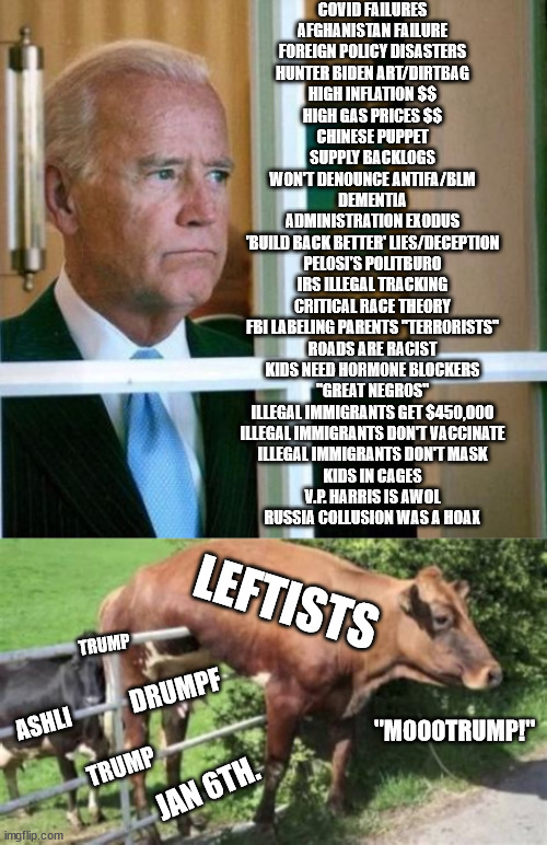 Did I list 'em all?  "MooooTrump!" | COVID FAILURES
AFGHANISTAN FAILURE
FOREIGN POLICY DISASTERS
HUNTER BIDEN ART/DIRTBAG
HIGH INFLATION $$
HIGH GAS PRICES $$
CHINESE PUPPET
SUPPLY BACKLOGS
WON'T DENOUNCE ANTIFA/BLM
DEMENTIA
ADMINISTRATION EXODUS
'BUILD BACK BETTER' LIES/DECEPTION
PELOSI'S POLITBURO
IRS ILLEGAL TRACKING
CRITICAL RACE THEORY
FBI LABELING PARENTS "TERRORISTS"
ROADS ARE RACIST
KIDS NEED HORMONE BLOCKERS
"GREAT NEGROS"
ILLEGAL IMMIGRANTS GET $450,000
ILLEGAL IMMIGRANTS DON'T VACCINATE
ILLEGAL IMMIGRANTS DON'T MASK
KIDS IN CAGES
V.P. HARRIS IS AWOL
RUSSIA COLLUSION WAS A HOAX; LEFTISTS; TRUMP; DRUMPF; "MOOOTRUMP!"; ASHLI; TRUMP; JAN 6TH. | image tagged in memes,joe biden is a massive failure,leftist policies don't work,presidential failure | made w/ Imgflip meme maker