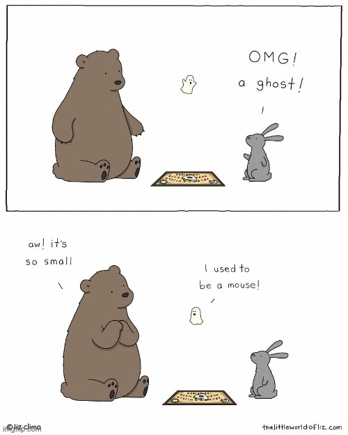 nobody talks about the size of the ghost | image tagged in comics/cartoons,bear,rabbit,ghost mouse | made w/ Imgflip meme maker