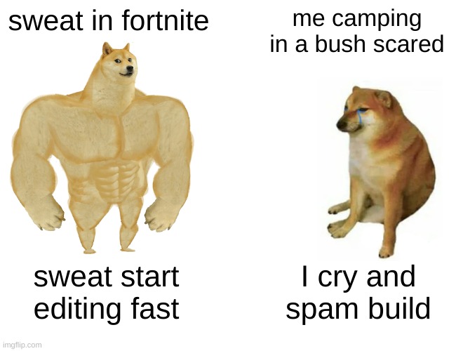 sweaty kid | sweat in fortnite; me camping in a bush scared; sweat start editing fast; I cry and spam build | image tagged in memes,buff doge vs cheems | made w/ Imgflip meme maker