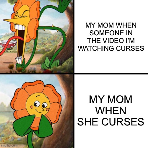 [why can i never think of a f***ing title] | MY MOM WHEN SOMEONE IN THE VIDEO I’M WATCHING CURSES; MY MOM WHEN SHE CURSES | image tagged in angry flower | made w/ Imgflip meme maker