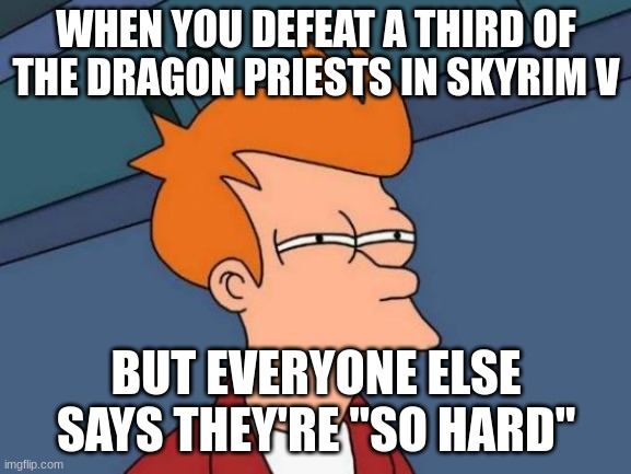 Futurama Fry | WHEN YOU DEFEAT A THIRD OF THE DRAGON PRIESTS IN SKYRIM V; BUT EVERYONE ELSE SAYS THEY'RE "SO HARD" | image tagged in memes,futurama fry | made w/ Imgflip meme maker