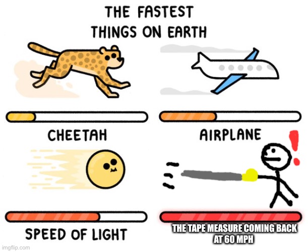 This tho. | THE TAPE MEASURE COMING BACK
AT 60 MPH | image tagged in fastest thing possible | made w/ Imgflip meme maker