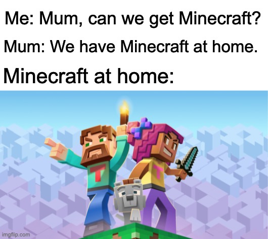 Scummy version of Minecraft: | Me: Mum, can we get Minecraft? Mum: We have Minecraft at home. Minecraft at home: | image tagged in memes,unfunny | made w/ Imgflip meme maker