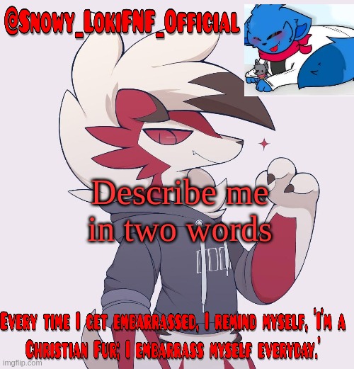 Snowy_LokiFNF_Official Lycanroc temp | Describe me in two words | image tagged in snowy_lokifnf_official lycanroc temp | made w/ Imgflip meme maker