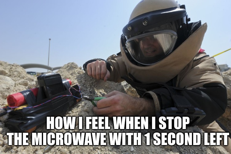 bomb defuser | HOW I FEEL WHEN I STOP THE MICROWAVE WITH 1 SECOND LEFT | image tagged in bomb defuser meme,defused,bomb,microwave | made w/ Imgflip meme maker