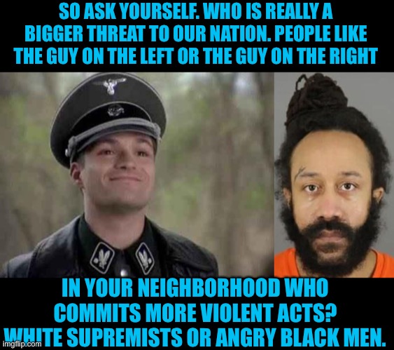 The media repeats the white supremists are the greatest threat to our country | SO ASK YOURSELF. WHO IS REALLY A BIGGER THREAT TO OUR NATION. PEOPLE LIKE THE GUY ON THE LEFT OR THE GUY ON THE RIGHT; IN YOUR NEIGHBORHOOD WHO COMMITS MORE VIOLENT ACTS? WHITE SUPREMISTS OR ANGRY BLACK MEN. | image tagged in grammar nazi,darrell brooks jr,media lies,mainstream media,social justice warrior | made w/ Imgflip meme maker