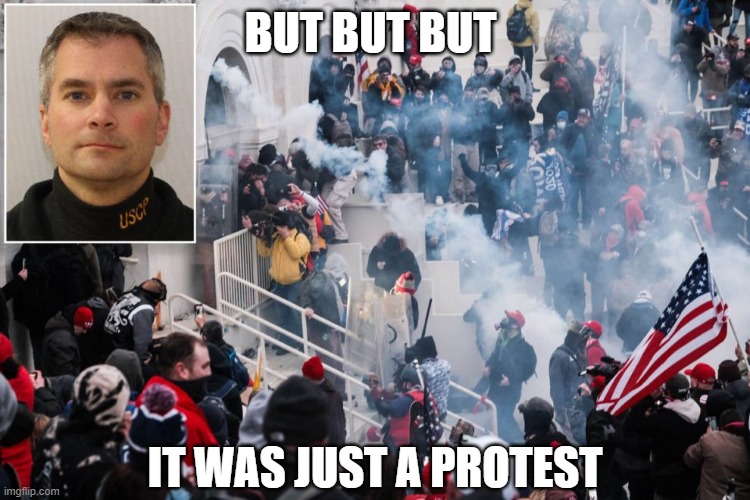 Brian Sicknick | BUT BUT BUT IT WAS JUST A PROTEST | image tagged in brian sicknick | made w/ Imgflip meme maker