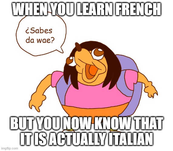 DOORA KNUCKLES | WHEN YOU LEARN FRENCH; BUT YOU NOW KNOW THAT IT IS ACTUALLY ITALIAN | image tagged in doora knuckles,fat | made w/ Imgflip meme maker