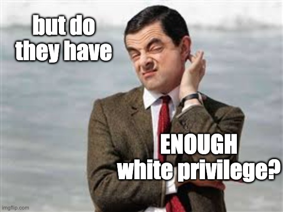 Mr Bean Sarcastic | but do they have ENOUGH white privilege? | image tagged in mr bean sarcastic | made w/ Imgflip meme maker