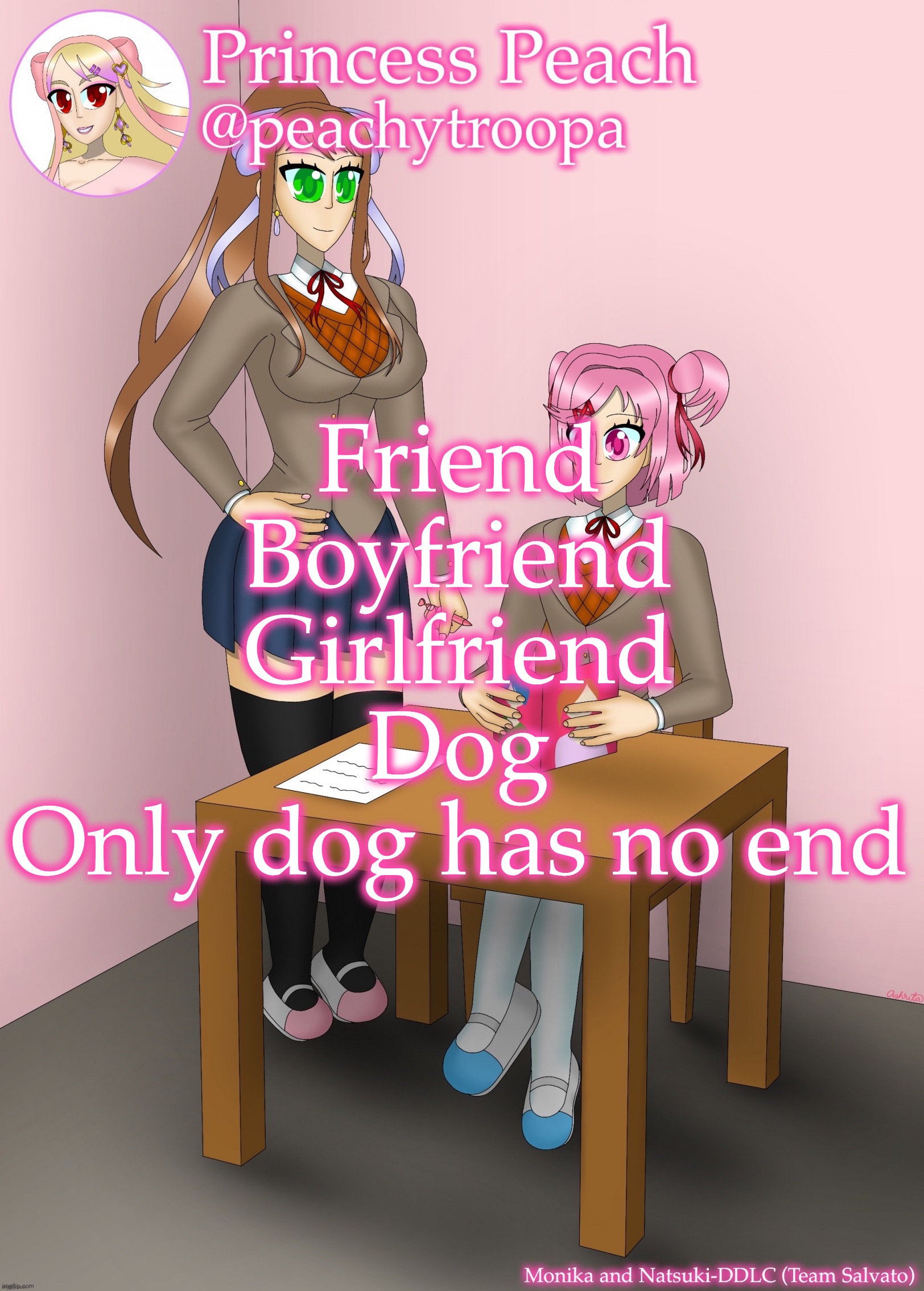 Monika and Natsuki | Friend
Boyfriend
Girlfriend
Dog
Only dog has no end | image tagged in monika and natsuki | made w/ Imgflip meme maker
