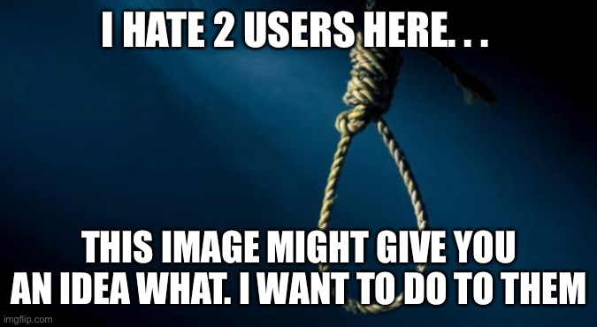 Noose | I HATE 2 USERS HERE. . . THIS IMAGE MIGHT GIVE YOU AN IDEA WHAT. I WANT TO DO TO THEM | image tagged in noose | made w/ Imgflip meme maker