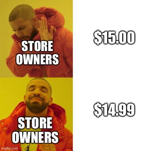 Every store owner out there | $15.00; STORE OWNERS; $14.99; STORE OWNERS | image tagged in drake blank | made w/ Imgflip meme maker