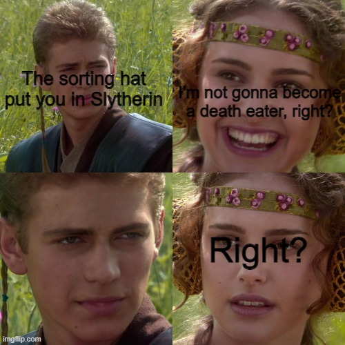 Anakin Padme 4 Panel | The sorting hat put you in Slytherin; I'm not gonna become a death eater, right? Right? | image tagged in anakin padme 4 panel | made w/ Imgflip meme maker