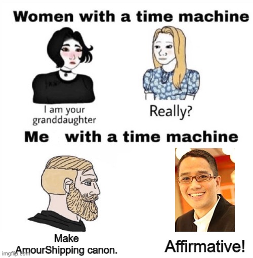 Do it! | Make AmourShipping canon. Affirmative! | image tagged in men with a time machine,time machine,satoshi tajiri,amourshipping,memes,why are you reading this | made w/ Imgflip meme maker
