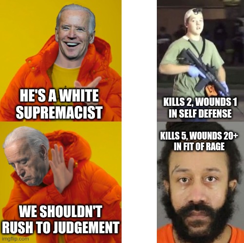 Abundant Hypocrisy | HE'S A WHITE SUPREMACIST; KILLS 2, WOUNDS 1
IN SELF DEFENSE; KILLS 5, WOUNDS 20+
IN FIT OF RAGE; WE SHOULDN'T RUSH TO JUDGEMENT | image tagged in joe biden,kyle rittenhouse,stupid liberals,liberal logic | made w/ Imgflip meme maker