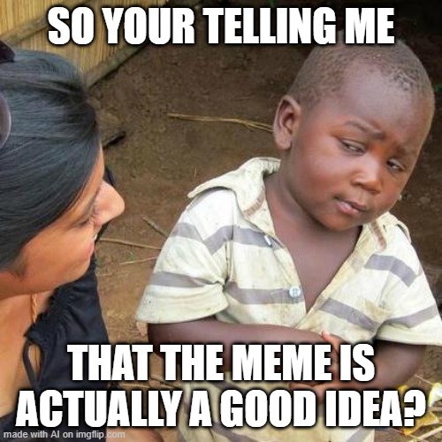Third World Skeptical Kid | SO YOUR TELLING ME; THAT THE MEME IS ACTUALLY A GOOD IDEA? | image tagged in memes,third world skeptical kid | made w/ Imgflip meme maker