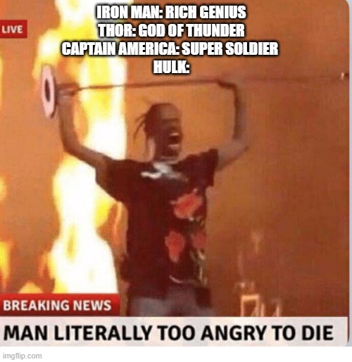 The Avengers be like: | IRON MAN: RICH GENIUS
THOR: GOD OF THUNDER
CAPTAIN AMERICA: SUPER SOLDIER 
HULK: | image tagged in man too angry to die | made w/ Imgflip meme maker