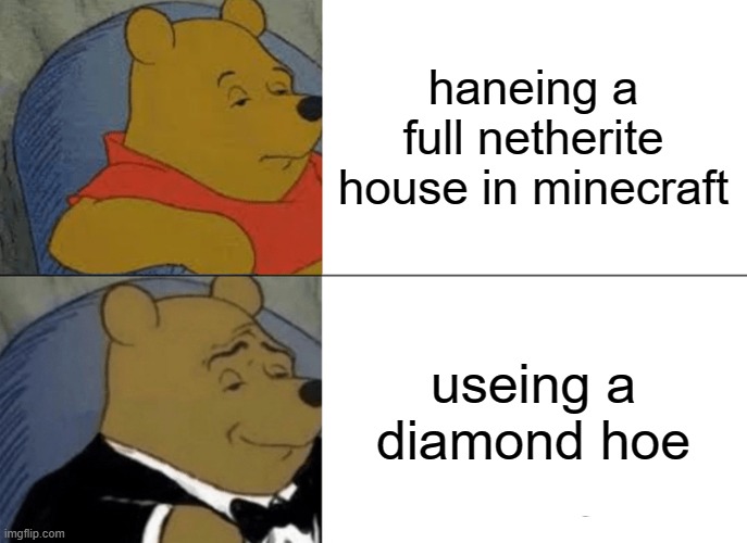 Diamand hoe | haneing a full netherite house in minecraft; useing a diamond hoe | image tagged in memes,tuxedo winnie the pooh | made w/ Imgflip meme maker