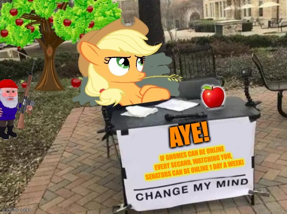 Change Applejack's Mind | AYE! IF GNOMES CAN BE ONLINE EVERY SECAND, WATCHING YOU, SENATORS CAN BE ONLINE 1 DAY A WEEK! | image tagged in change applejack's mind | made w/ Imgflip meme maker