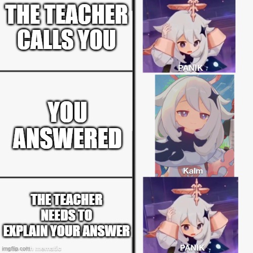 Hmmm kinda true | THE TEACHER CALLS YOU; YOU ANSWERED; THE TEACHER NEEDS TO EXPLAIN YOUR ANSWER | image tagged in paimon's panik,funny because it's true | made w/ Imgflip meme maker