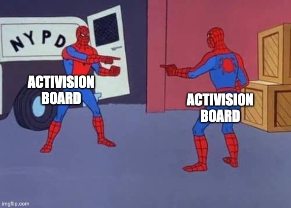 Spiderman mirror | ACTIVISION BOARD; ACTIVISION BOARD | image tagged in spiderman mirror | made w/ Imgflip meme maker