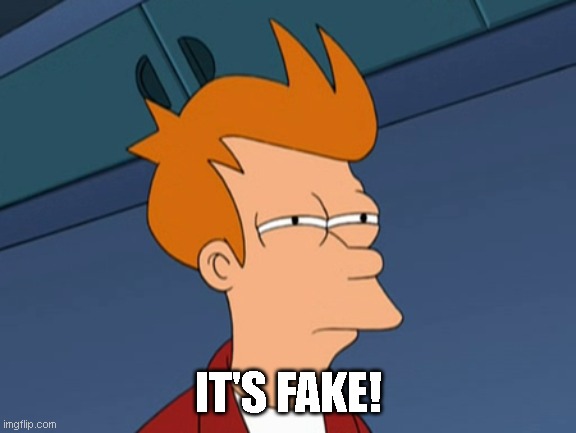 Fry narrows eyes | IT'S FAKE! | image tagged in fry narrows eyes | made w/ Imgflip meme maker