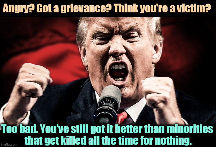 Trump is not a victim and neither are you. | Angry? Got a grievance? Think you're a victim? Too bad. You've still got it better than minorities 
that get killed all the time for nothing. | image tagged in trump angry at the microphone,white,whining,losers,minorities,killed | made w/ Imgflip meme maker