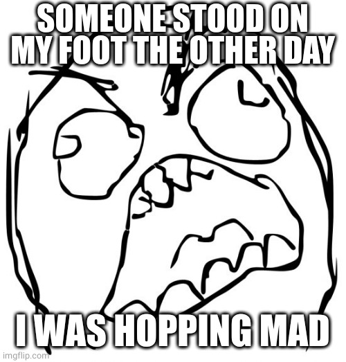 Hopping mad | SOMEONE STOOD ON MY FOOT THE OTHER DAY; I WAS HOPPING MAD | image tagged in angery troll face | made w/ Imgflip meme maker