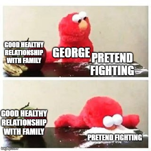 elmo cocaine | GOOD HEALTHY RELATIONSHIP WITH FAMILY; GEORGE; PRETEND FIGHTING; GOOD HEALTHY RELATIONSHIP WITH FAMILY; PRETEND FIGHTING | image tagged in elmo cocaine | made w/ Imgflip meme maker