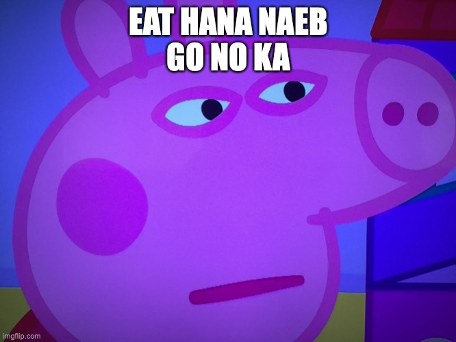 this was made by a 3 year old | EAT HANA NAEB
GO NO KA | image tagged in what did you say peppa pig | made w/ Imgflip meme maker