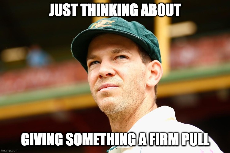 JUST THINKING ABOUT; GIVING SOMETHING A FIRM PULL | image tagged in tim paine,cricket,sport,australia,scandal,captain | made w/ Imgflip meme maker