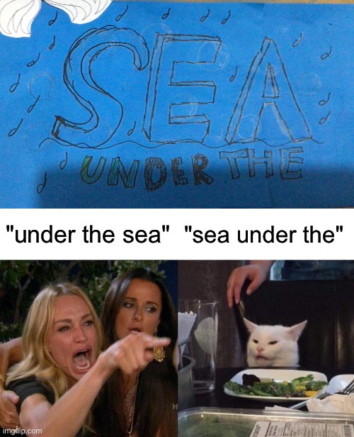 Credit to my little sister who made this for her homework | "under the sea"; "sea under the" | image tagged in memes,woman yelling at cat,sea under the,funny,oh wow are you actually reading these tags | made w/ Imgflip meme maker