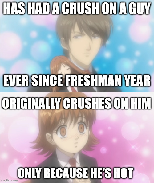 Years Well Wasted, Kotoko | HAS HAD A CRUSH ON A GUY; EVER SINCE FRESHMAN YEAR; ORIGINALLY CRUSHES ON HIM; ONLY BECAUSE HE'S HOT | image tagged in itazura na kiss,anime,anime meme | made w/ Imgflip meme maker
