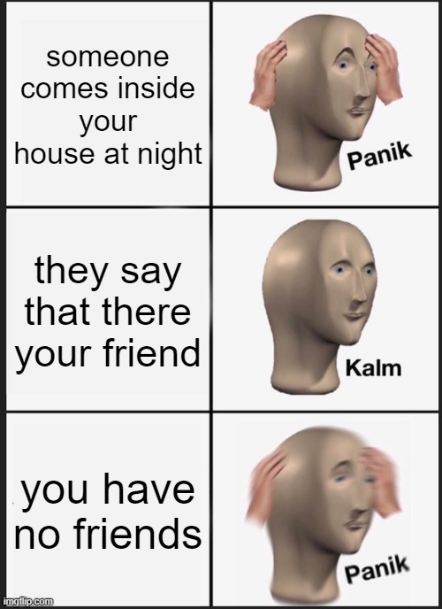 hi | someone comes inside your house at night; they say that there your friend; you have no friends | image tagged in memes,panik kalm panik | made w/ Imgflip meme maker