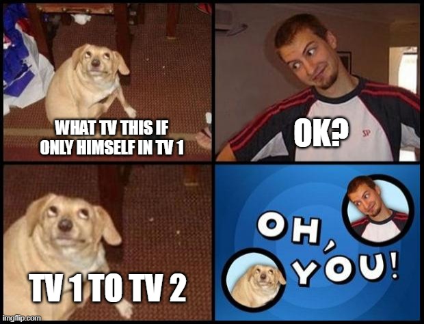 The new TV from 1 to 2 | WHAT TV THIS IF ONLY HIMSELF IN TV 1; OK? TV 1 TO TV 2 | image tagged in oh you,memes | made w/ Imgflip meme maker