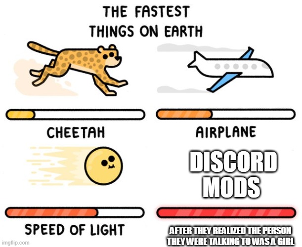 fastest thing possible | DISCORD MODS; AFTER THEY REALIZED THE PERSON
THEY WERE TALKING TO WAS A GIRL | image tagged in fastest thing possible | made w/ Imgflip meme maker