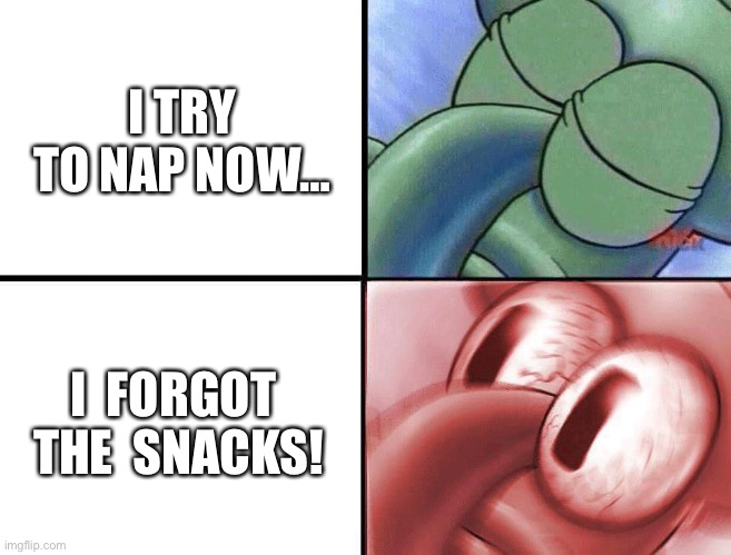 TO BAD SQUIDWARD YOU CAN LIVE WITHOUT THE SNACKS!!! | I TRY TO NAP NOW…; I  FORGOT  THE  SNACKS! | image tagged in sleeping squidward | made w/ Imgflip meme maker