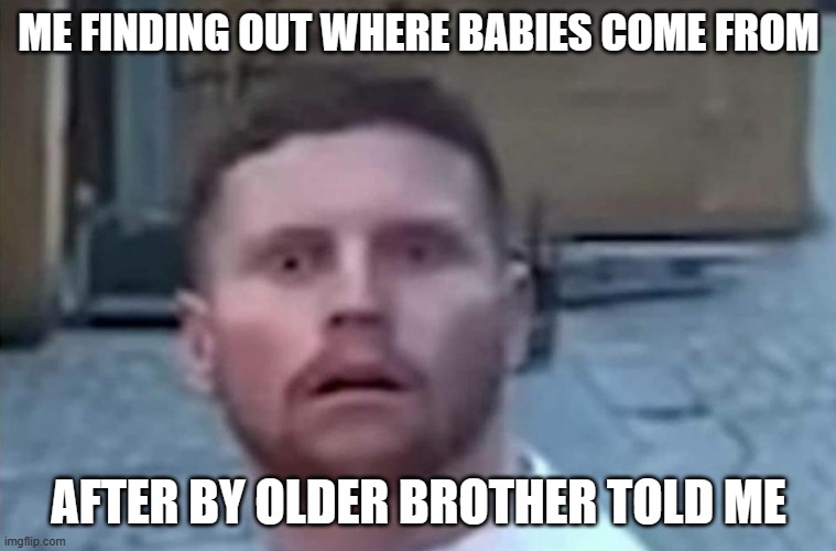 Behzinga Shocked | ME FINDING OUT WHERE BABIES COME FROM; AFTER BY OLDER BROTHER TOLD ME | image tagged in behzinga shocked | made w/ Imgflip meme maker