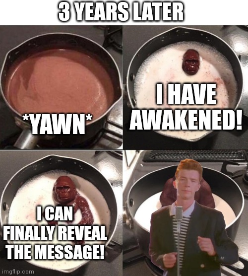 Chocolate monkey awakens | 3 YEARS LATER *YAWN* I HAVE AWAKENED! I CAN FINALLY REVEAL THE MESSAGE! | image tagged in chocolate monkey awakens | made w/ Imgflip meme maker