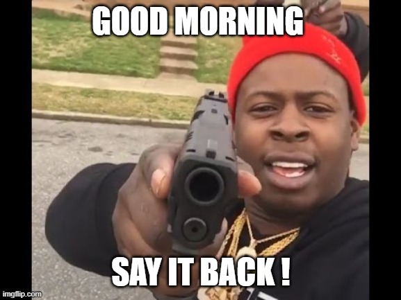 gun pointing meme | GOOD MORNING; SAY IT BACK ! | image tagged in gun pointing meme | made w/ Imgflip meme maker