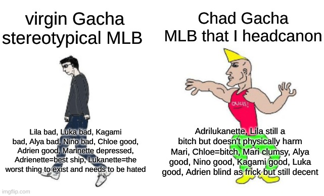 >:P | Chad Gacha MLB that I headcanon; virgin Gacha stereotypical MLB; Adrilukanette, Lila still a bitch but doesn't physically harm Mari, Chloe=bitch, Mari clumsy, Alya good, Nino good, Kagami good, Luka good, Adrien blind as frick but still decent; Lila bad, Luka bad, Kagami bad, Alya bad, Nino bad, Chloe good, Adrien good, Marinette depressed, Adrienette=best ship, Lukanette=the worst thing to exist and needs to be hated | image tagged in virgin vs chad | made w/ Imgflip meme maker