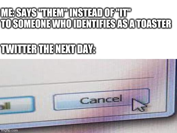 I'm sorry toaster, pls d'ont cancel me | ME: SAYS "THEM" INSTEAD OF "IT" TO SOMEONE WHO IDENTIFIES AS A TOASTER; TWITTER THE NEXT DAY: | image tagged in toaster,cancel culture,cancelled,twitter,pronouns,identify | made w/ Imgflip meme maker