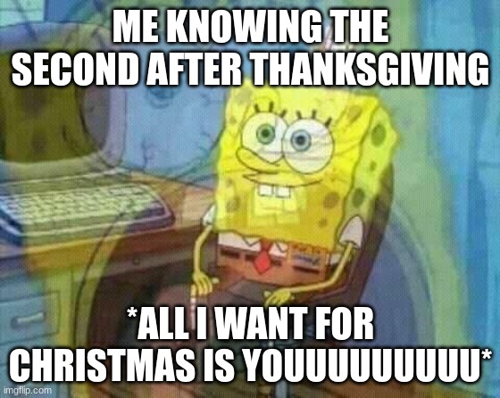 THIS SONG IS SO ANNOYING | ME KNOWING THE SECOND AFTER THANKSGIVING; *ALL I WANT FOR CHRISTMAS IS YOUUUUUUUUU* | image tagged in spongebob panic inside,thanksgiving,memes,christmas | made w/ Imgflip meme maker