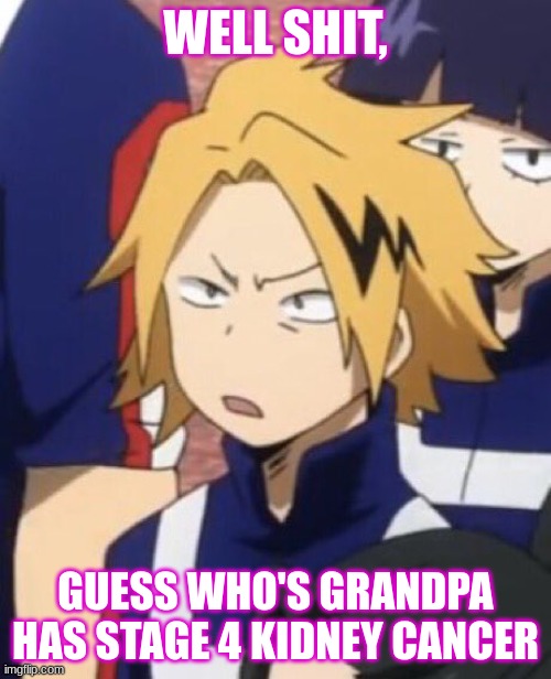 Yep, mine | WELL SHIT, GUESS WHO'S GRANDPA HAS STAGE 4 KIDNEY CANCER | image tagged in confused denki | made w/ Imgflip meme maker