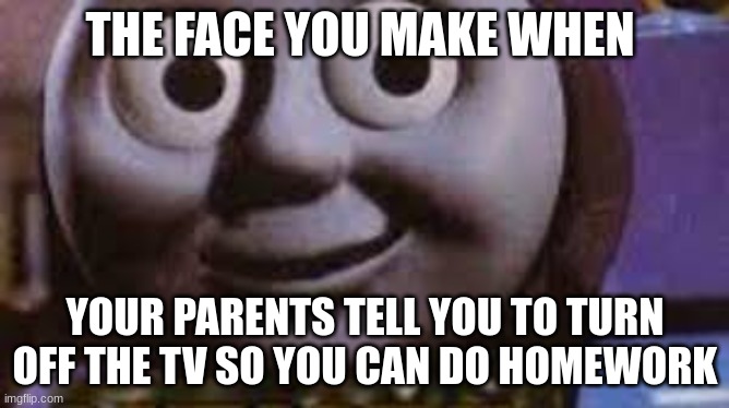 Creepy Thomas | THE FACE YOU MAKE WHEN; YOUR PARENTS TELL YOU TO TURN OFF THE TV SO YOU CAN DO HOMEWORK | image tagged in creepy thomas | made w/ Imgflip meme maker